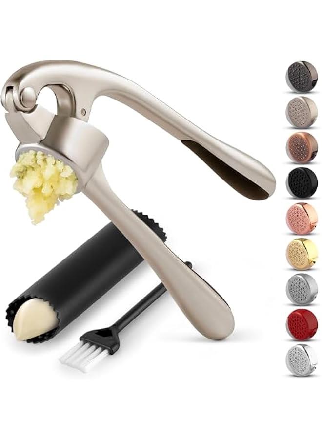 Premium Garlic Press Set - Rust Proof  Dishwasher Safe Professional Garlic Mincer Tool - Easy-Squeeze, Easy-Clean with Soft, Ergonomic Handle - Silicone Garlic Peeler  Brush (Silver) - Image 1