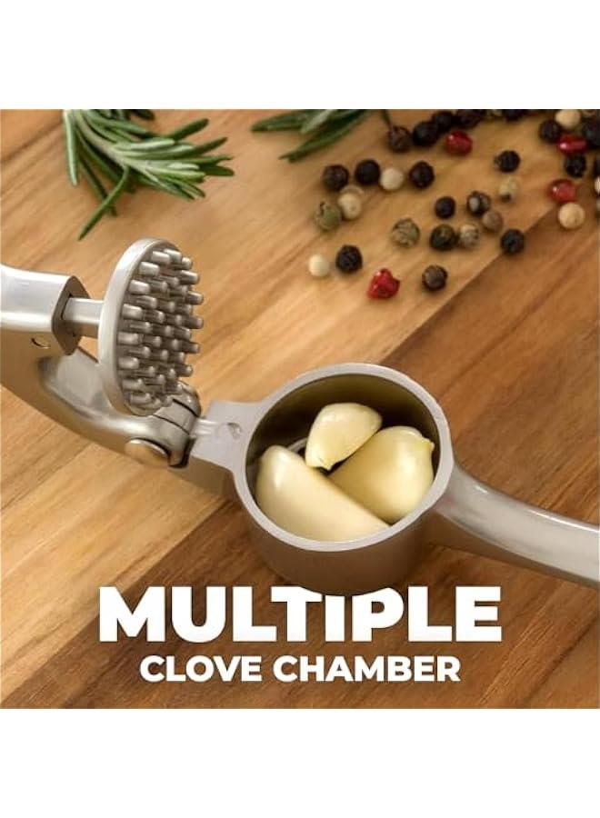 Premium Garlic Press Set - Rust Proof  Dishwasher Safe Professional Garlic Mincer Tool - Easy-Squeeze, Easy-Clean with Soft, Ergonomic Handle - Silicone Garlic Peeler  Brush (Silver) - Image 2