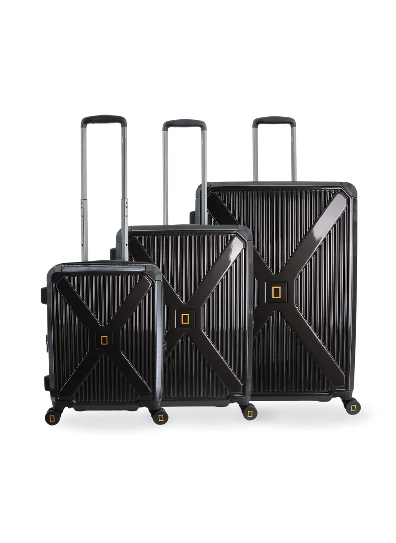 NATIONAL GEOGRAPHIC National Geographic Metallic PC Hardside Luggage Metallic Black Trolley Set of 3, Lightweight Durable Anti-Theft Zipper TSA Lock, 4 Double Spinner Wheels Bags, Expandable Suitcase with Aluminum Telescopic Handle