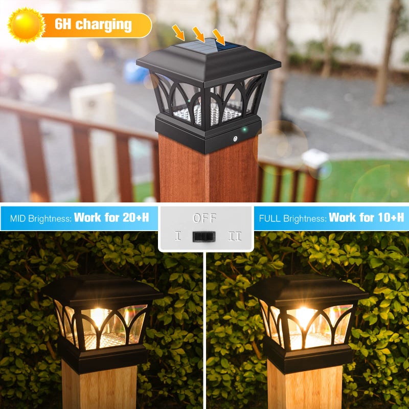 VOLISUN VOLISUN Solar Post Cap Lights Outdoor 4Pack, with Edison LED Bulbs, 2 Brightness Setting, Fence Post Lights Solar Powered for Garden Fence Deck Mailbox Yard Porch, Fits 4x4 6x6 Posts(Slate Black)  - Image 2