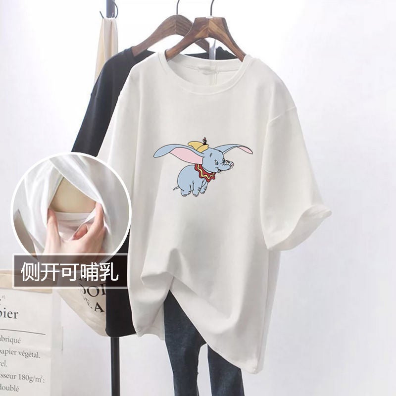 Nursing Top Summer mid-length short-sleeved T-shirt loose postpartum hot mom slimming nursing bottoming shirt - Image 4