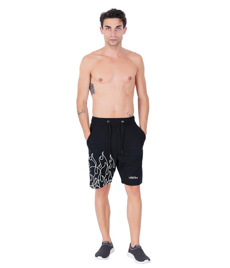 hotfits Men's Casual Printed Black Cotton Regular Shorts, Workout Shorts, Elastic Waist Running Shorts with Pockets - Flame Printed - XL - Image 5