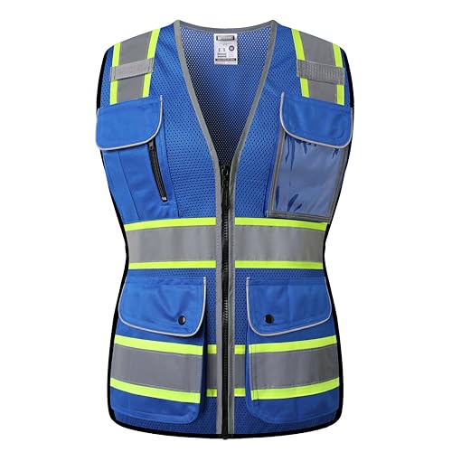 HATAUNKI Reflective Safety Vest for Women Mesh High Visibility Vest with 8 Pockets and Front Zipper High Vis Vest Work Vests Meets ANSI/ISEA Standards(Blue-16, Medium) - Image 1
