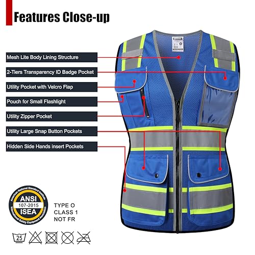HATAUNKI Reflective Safety Vest for Women Mesh High Visibility Vest with 8 Pockets and Front Zipper High Vis Vest Work Vests Meets ANSI/ISEA Standards(Blue-16, Medium) - Image 3