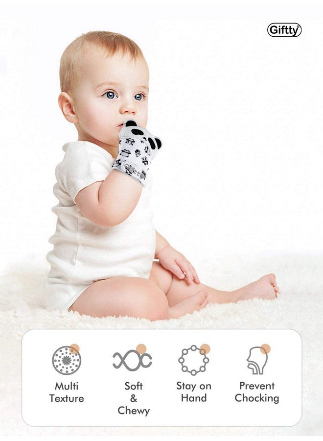 Giftty Baby Teething Mitten Chewing Glove Teether Mitt Infant Toy Panda Teething Glove Baby Chew Mitt With Finger Toothbrush Bpafree For Baby Boys Girls 1 Pair + 1 Toothbrush - Image 3