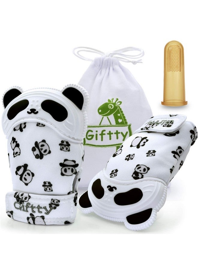 Giftty Baby Teething Mitten Chewing Glove Teether Mitt Infant Toy Panda Teething Glove Baby Chew Mitt With Finger Toothbrush Bpafree For Baby Boys Girls 1 Pair + 1 Toothbrush - Image 2