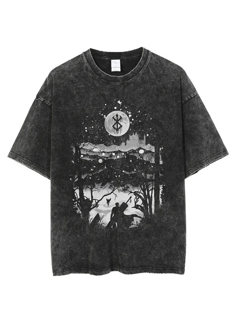 Men's new washed old dark anime print street retro t-shirt street trendy round neck short-sleeved t-shirt - Image 1
