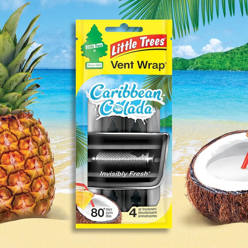 Little Trees Car Air Freshener | Vent Wrap Provides Long-Lasting Scent, Slip on Vent Blade | Caribbean Colada, 4 Packs (4 Count) - Image 4