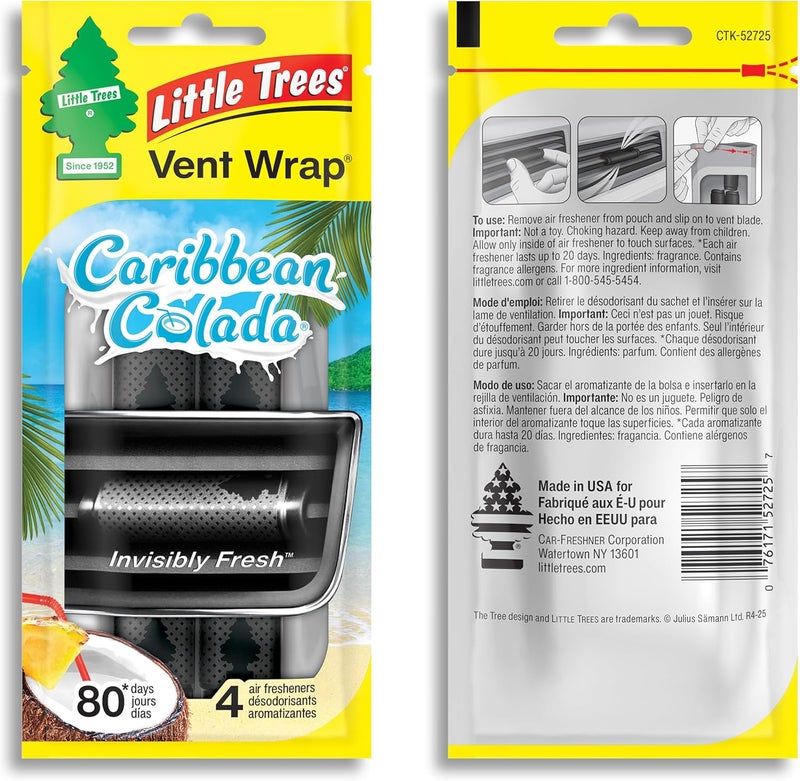 Little Trees Car Air Freshener | Vent Wrap Provides Long-Lasting Scent, Slip on Vent Blade | Caribbean Colada, 4 Packs (4 Count) - Image 2