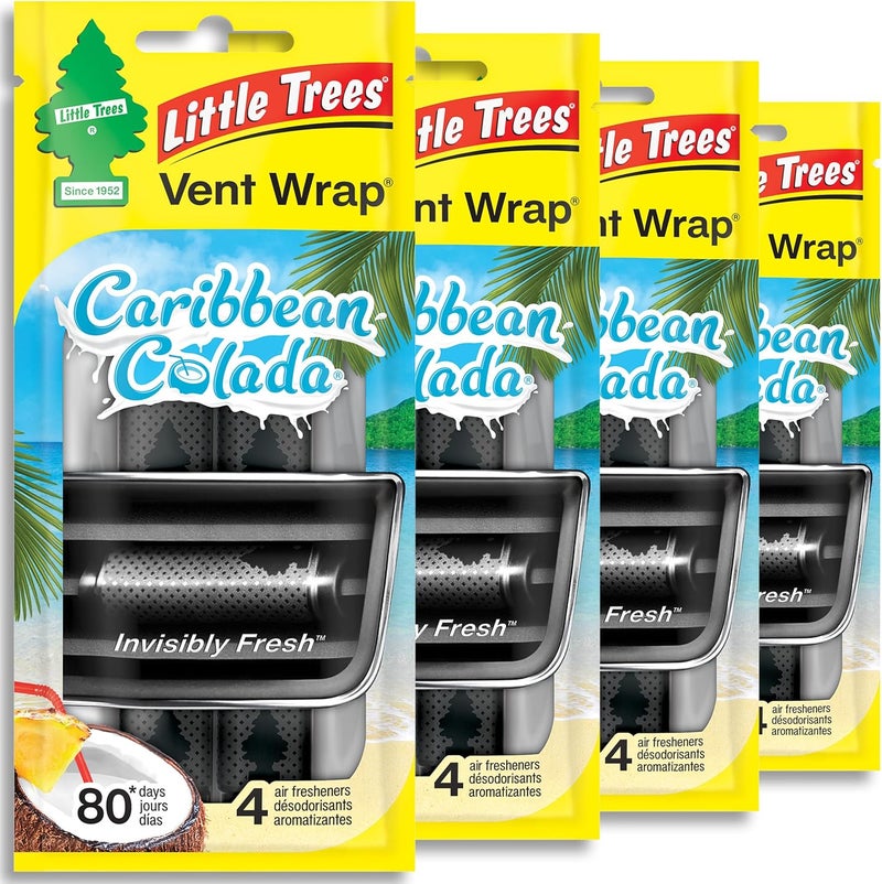 Little Trees Car Air Freshener | Vent Wrap Provides Long-Lasting Scent, Slip on Vent Blade | Caribbean Colada, 4 Packs (4 Count) - Image 1