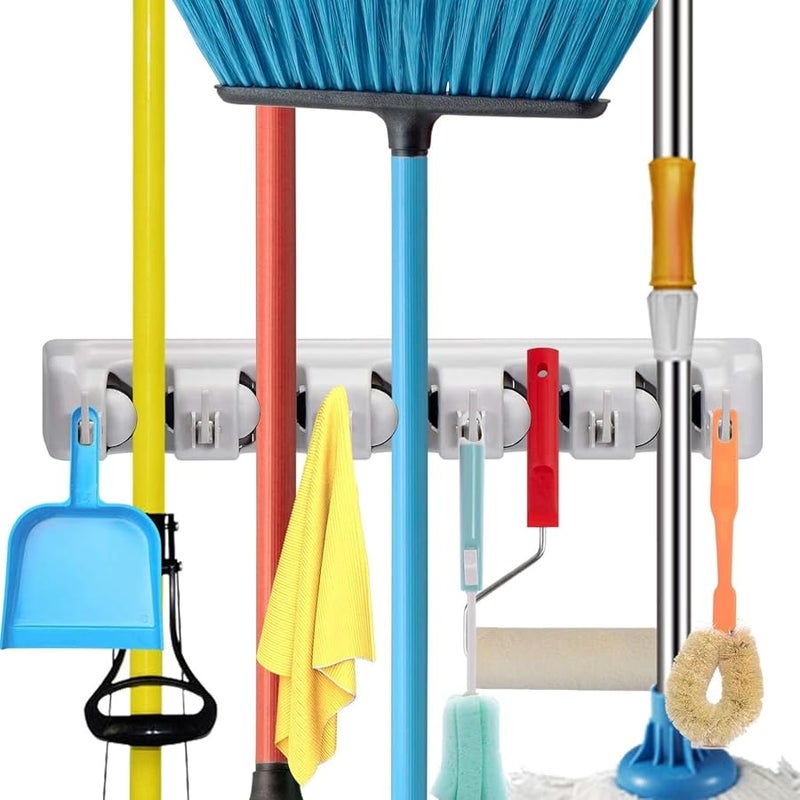 Mop And Broom Holder, Wall Mounted Organizer Mop And Broom Saving Space Storage Rack For Kitchen Garden And Garage,Laundry Offices,5 Position With 6 Hooks ( Big Size ) - Image 1
