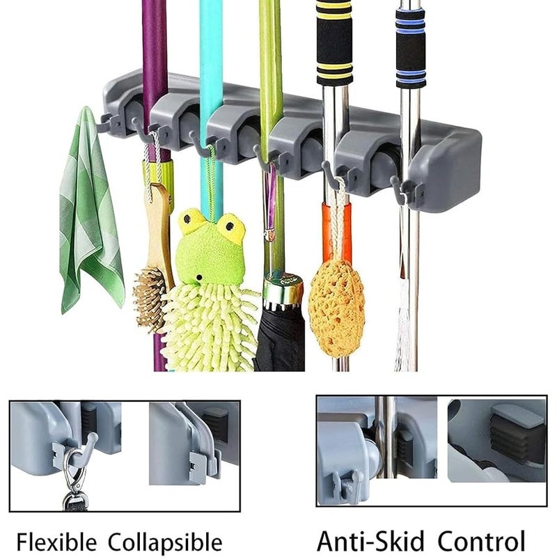 Mop And Broom Holder, Wall Mounted Organizer Mop And Broom Saving Space Storage Rack For Kitchen Garden And Garage,Laundry Offices,5 Position With 6 Hooks ( Big Size ) - Image 4