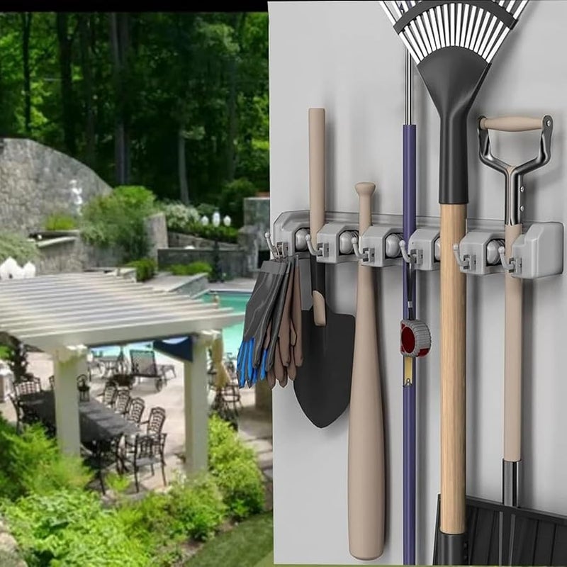 Mop And Broom Holder, Wall Mounted Organizer Mop And Broom Saving Space Storage Rack For Kitchen Garden And Garage,Laundry Offices,5 Position With 6 Hooks ( Big Size ) - Image 3