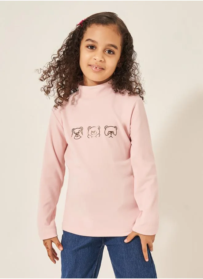 Styli Bear Print Mock Neck Long Sleeve T-Shirt