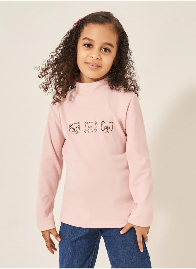Bear Print Mock Neck Long Sleeve T-Shirt