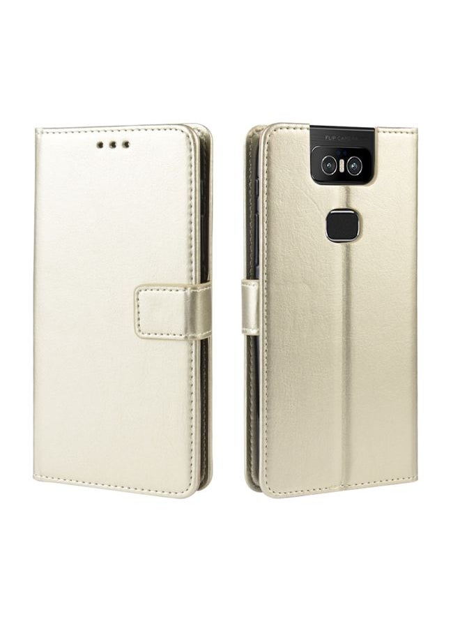 HuHa Case Cover Retro Crazy Horse Texture Horizontal Flip Leather Case for Asus Zenfone 6 ZS630KL, with Holder & Card Slots & Photo Frame Gold 