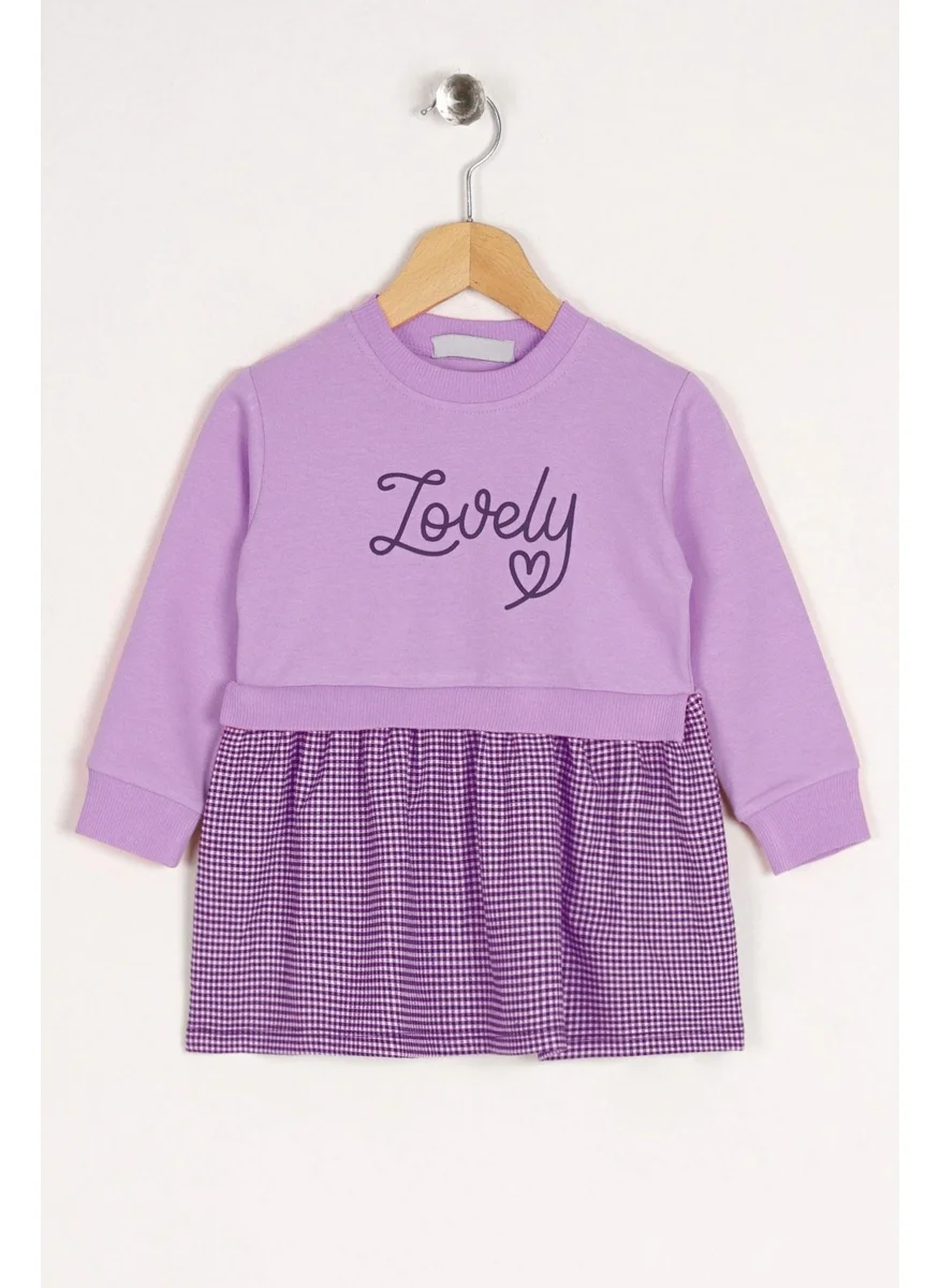Zepkids Crew Neck Long Sleeve Lovely Printed Skirt Plaid Lilac Purple Color Girl Dress