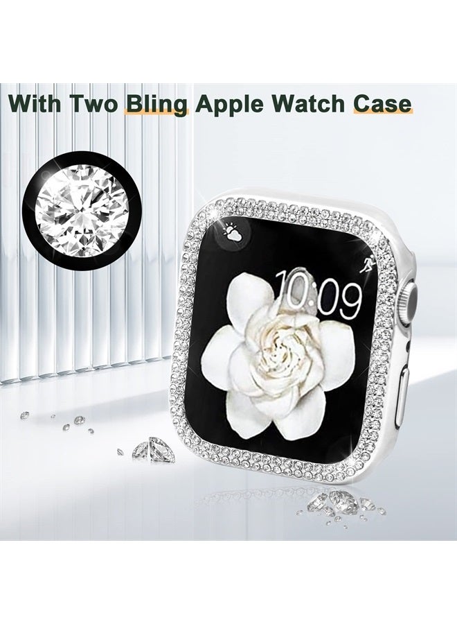 Mosonio Compatible with Apple Watch Band 44mm with Case Women, Bling Metal Wristband Strap with 2 Pack Bling PC Protective Cover for iWatch SE Series 6/5/4(44mm, Silver) - Image 1