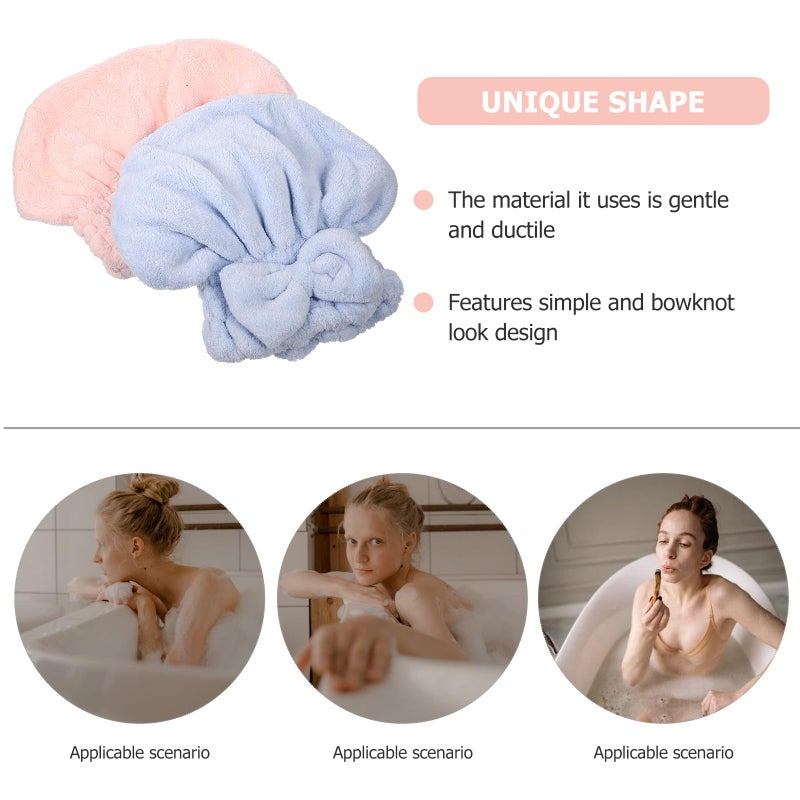 Coral Fleece Hair Towel Wrap 2 Pack Thick Absorbent Shower Cap with Bow for Women - Image 4