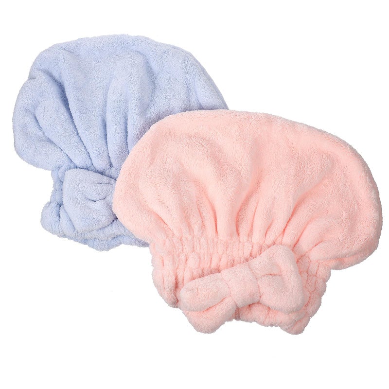 Coral Fleece Hair Towel Wrap 2 Pack Thick Absorbent Shower Cap with Bow for Women - Image 2