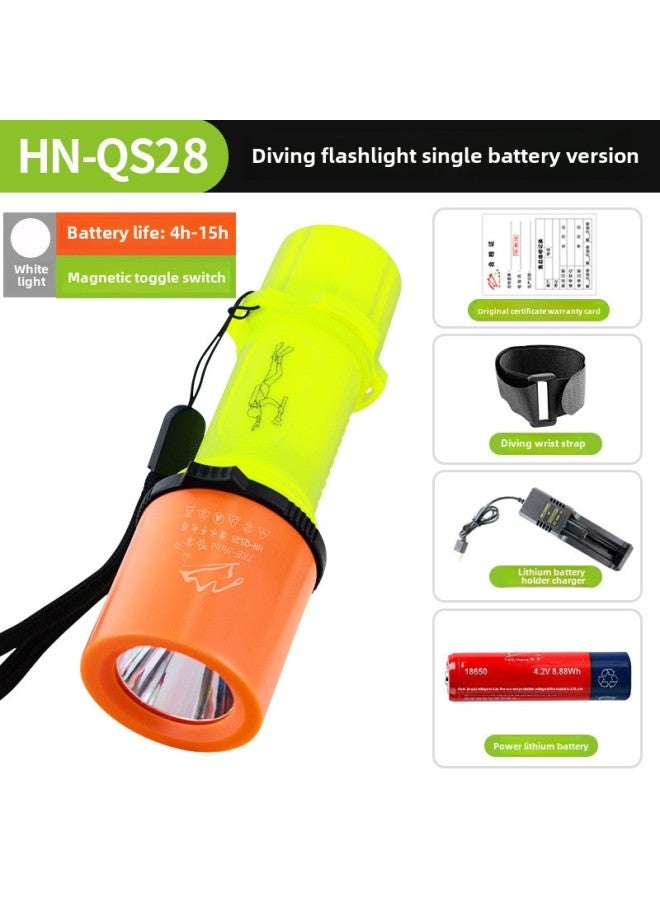 Diving Special Flashlight Strong Light Charging Outdoor Super Bright Waterproof Underwater Professional Deep Diving Night Diving Fish Searchlight-Product Specifications:(white Light) Hn-qs28 Submersible Flashlight Single Battery Version  - Image 1