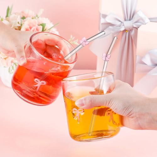 Skylety كوب عصير زجاجي مزين بقوس وردي من سكايليتي 2 مجموعة مع مصاصات زجاجية بقوس وردي كوب جمالي سعة 14 أونصة كوب كوكتيل يدوي الصنع للنساء والأخوات والأصدقاء، غير مناسب للماء الساخن - Image 4