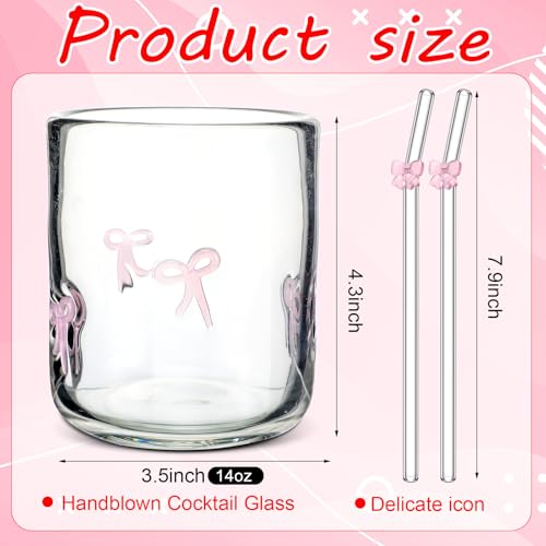 Skylety كوب عصير زجاجي مزين بقوس وردي من سكايليتي 2 مجموعة مع مصاصات زجاجية بقوس وردي كوب جمالي سعة 14 أونصة كوب كوكتيل يدوي الصنع للنساء والأخوات والأصدقاء، غير مناسب للماء الساخن - Image 2