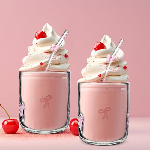 Skylety كوب عصير زجاجي مزين بقوس وردي من سكايليتي 2 مجموعة مع مصاصات زجاجية بقوس وردي كوب جمالي سعة 14 أونصة كوب كوكتيل يدوي الصنع للنساء والأخوات والأصدقاء، غير مناسب للماء الساخن - Image 3