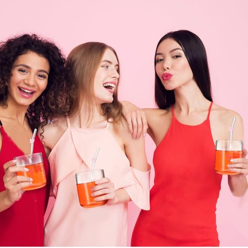 Skylety كوب عصير زجاجي مزين بقوس وردي من سكايليتي 2 مجموعة مع مصاصات زجاجية بقوس وردي كوب جمالي سعة 14 أونصة كوب كوكتيل يدوي الصنع للنساء والأخوات والأصدقاء، غير مناسب للماء الساخن - Image 5