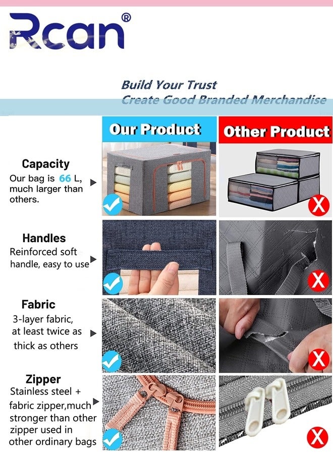 Rcan 3Pack Clothes Storage Bag Foldable Closet Organizers Storage Containers Large Storage Bins for Comforters Blankets Bedding Toys Books Foldable with Sturdy Zipper Clear Window 72L  - Image 4