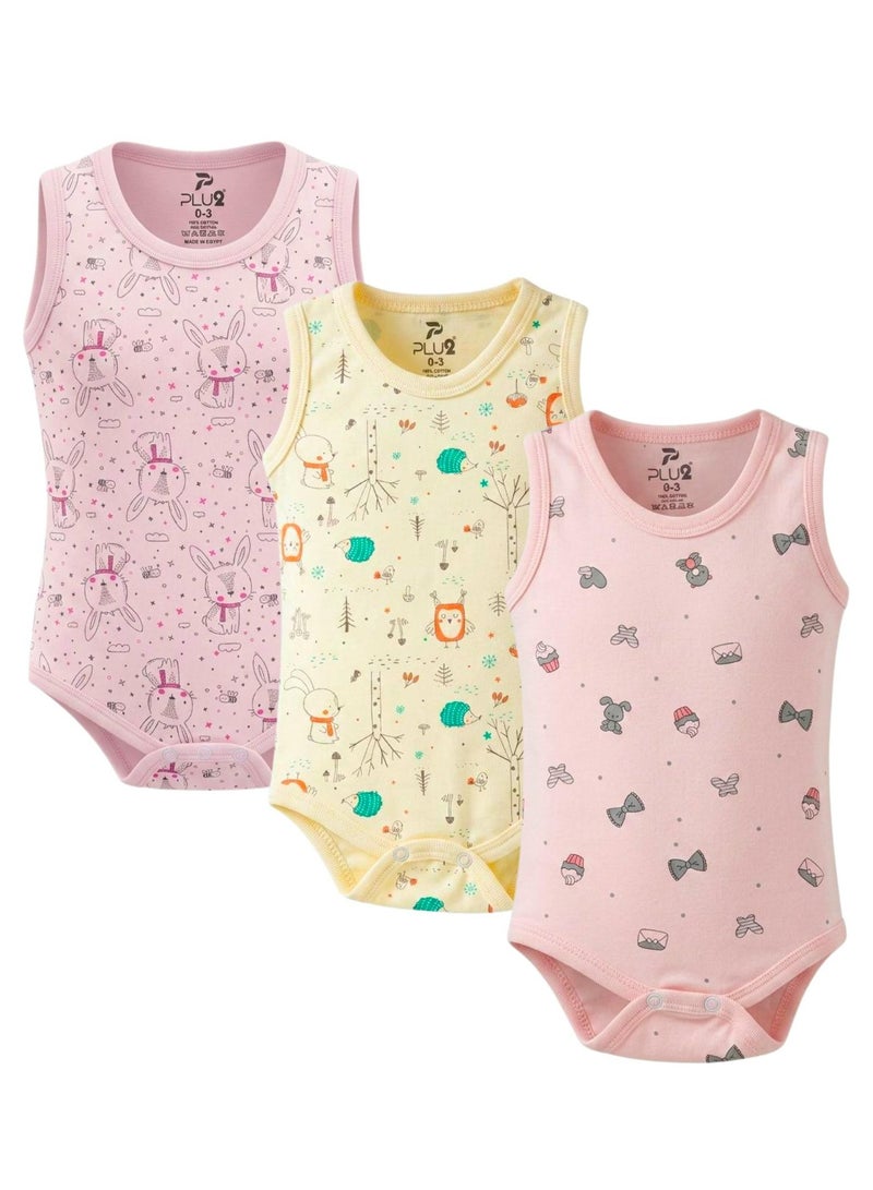 Pluto Pack of 3 Cotton 100% Sleeveless Printed Bodysuit for Baby Girl - Image 1
