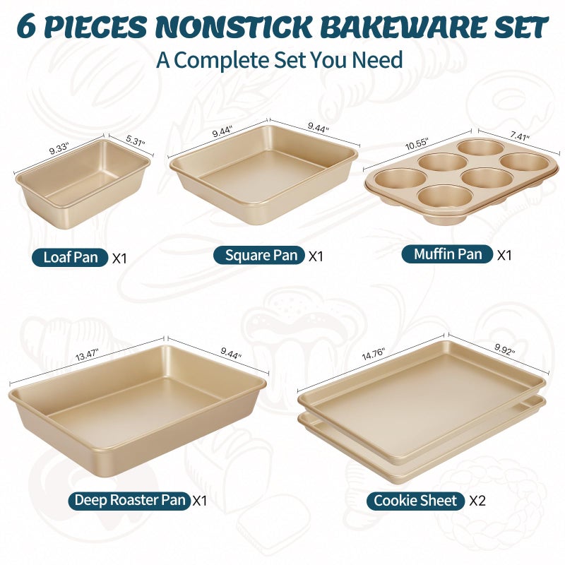 AIVIKI Baking Pans Set, Nonstick Stackable Bakeware Sets, Oven Pans for Cooking, AIVIKI 6 Pieces Baking Sheets Set Including Cookie Sheet, Deep Roaster Pan, Square Pan, Loaf Pan, Muffin Pan, Carbon Steel - Image 2