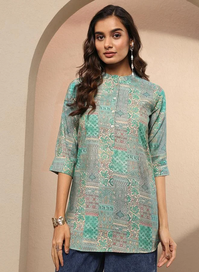 لباس Green Printed Silk Blend Straight Kurti