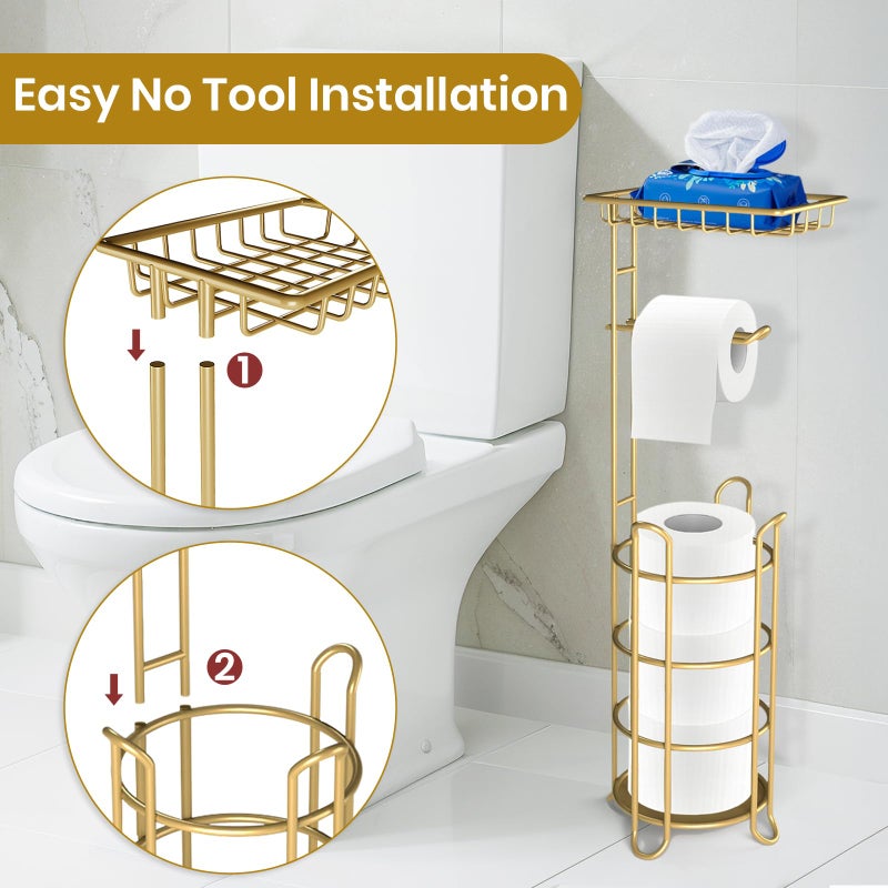 TreeLen Gold Toilet Paper Holder Stand with Shelf, Freestanding Tissue Roll Holder, Holds 4 Mega Rolls and Extra Storage for Phone, Wipes - Image 4