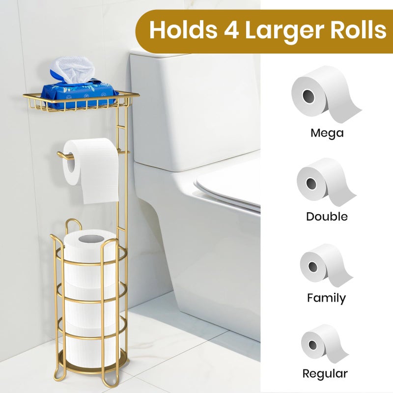 TreeLen Gold Toilet Paper Holder Stand with Shelf, Freestanding Tissue Roll Holder, Holds 4 Mega Rolls and Extra Storage for Phone, Wipes - Image 3