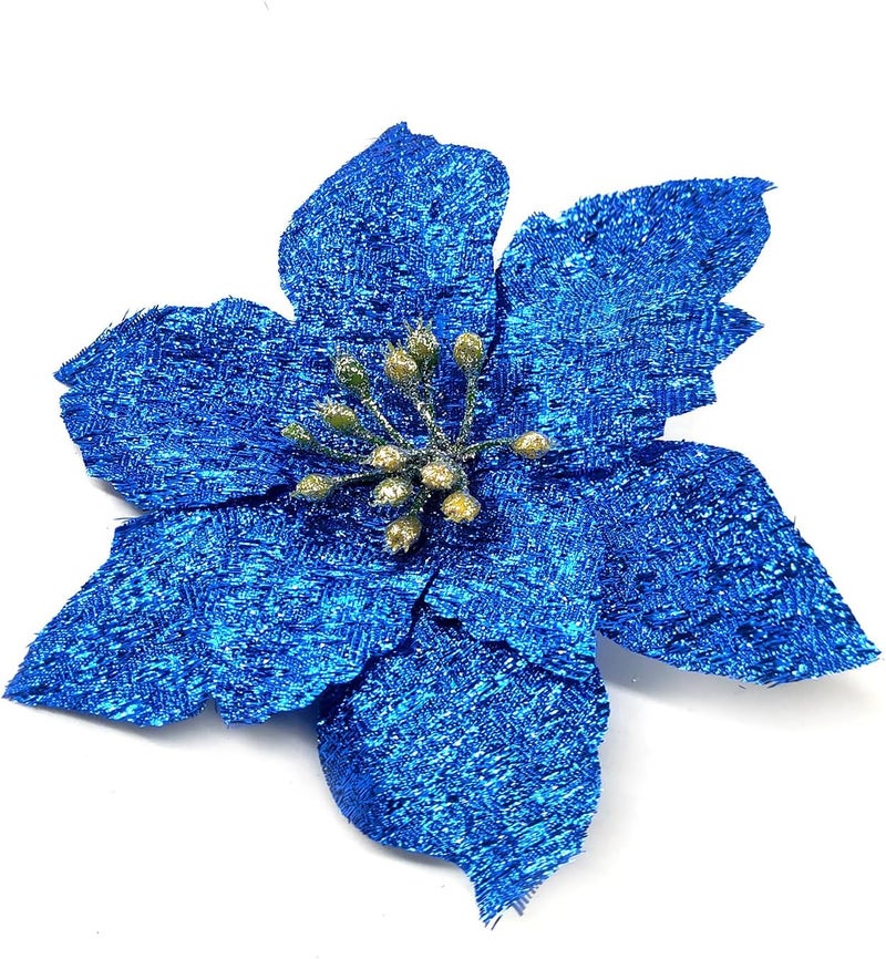 ornerx 20 Pcs Glitter Poinsettia Flower Christmas Tree Ornament Blue 5 - Image 3