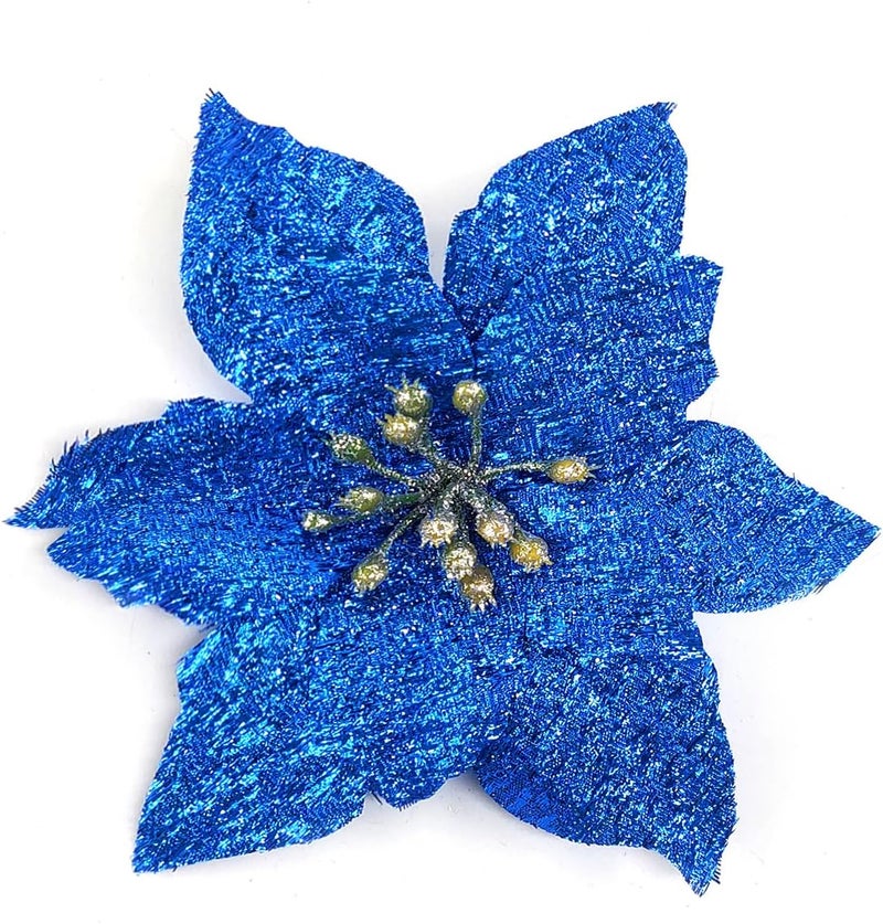 ornerx 20 Pcs Glitter Poinsettia Flower Christmas Tree Ornament Blue 5 - Image 2