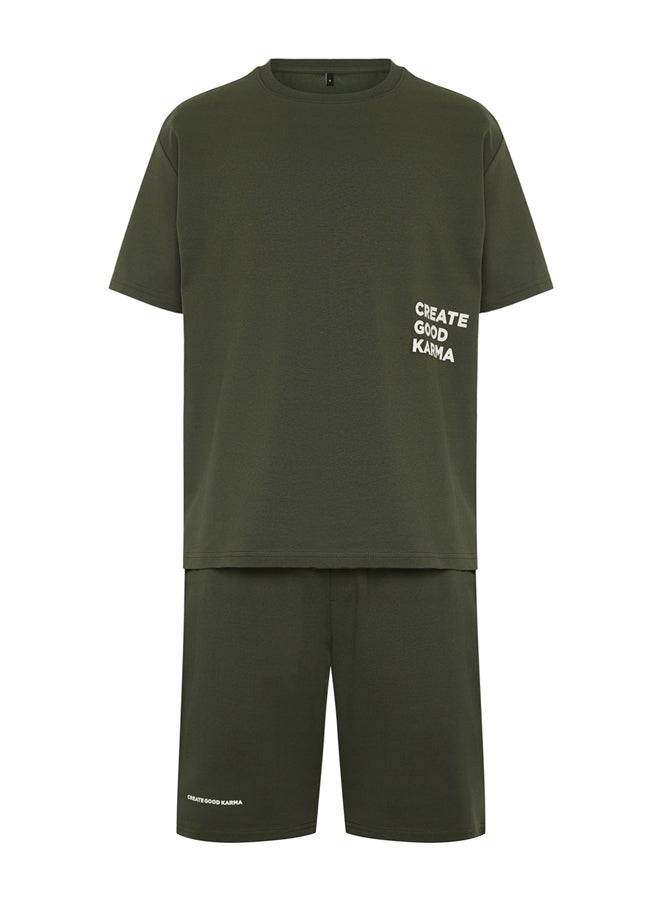 trendyol - Khaki Tracksuit Set Relaxed/Comfortable Cut Text Printed Cotton TMNSS23EM00001 - Image 1