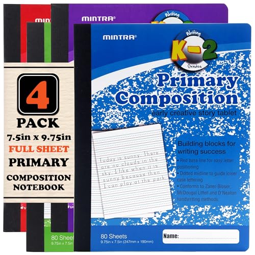 Mintra Office Mintra Primary Composition Notebook, 4 Pack, Assorted Colors 80 Sheets, 7.5in x 9.75in, Full Sheet, Ruled with Drawing Area, Flexible Hardcover Journal, Grade K-2, School & Home Use - Image 1
