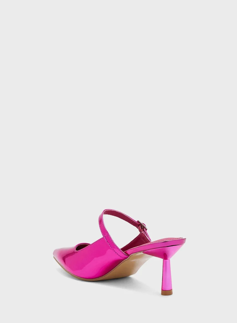 Ginger Metallic Asymetric Strap Slip On Pump