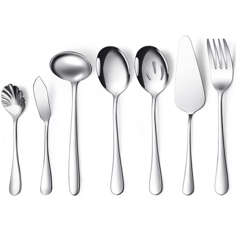 Patelai Serving Utensils Set Include Large Spoons Slotted Spoons Forks Tongs Soup Ladle and Pie Server Buffet Catering for Dishwasher SafeSilver7 Pieces