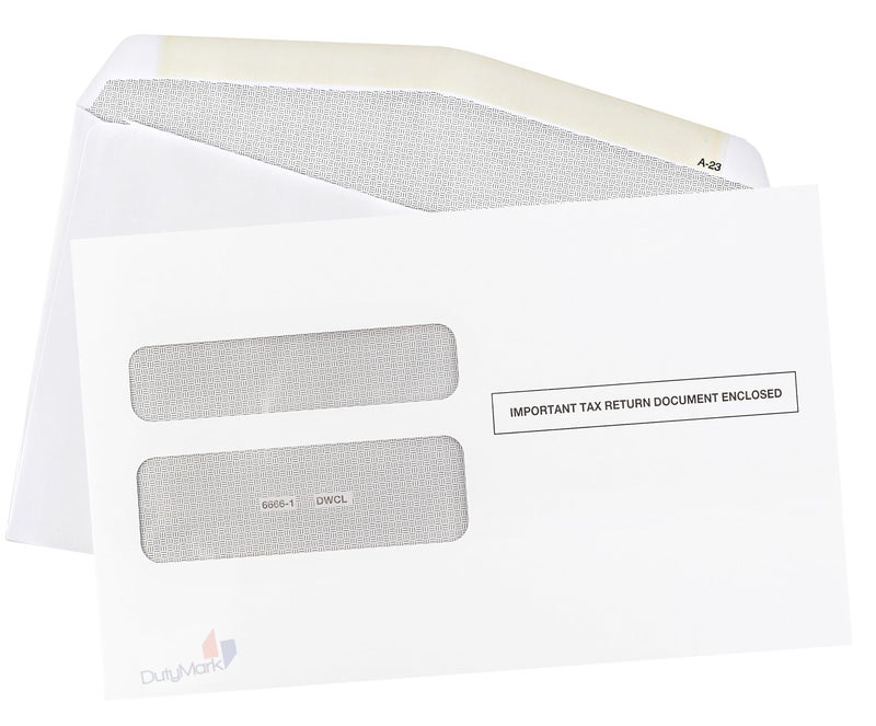 Dutymark 100 W2 Envelopes, Double Window Security Envelope for W2 2 Up Tax Forms, Designed for Printed W2 Laser Forms, Form QuickBooks Desktop and Other Tax Software, 5 5/8â€™â€™ x 9â€™â€™, 100 Envelopes Gum Seal - Image 1