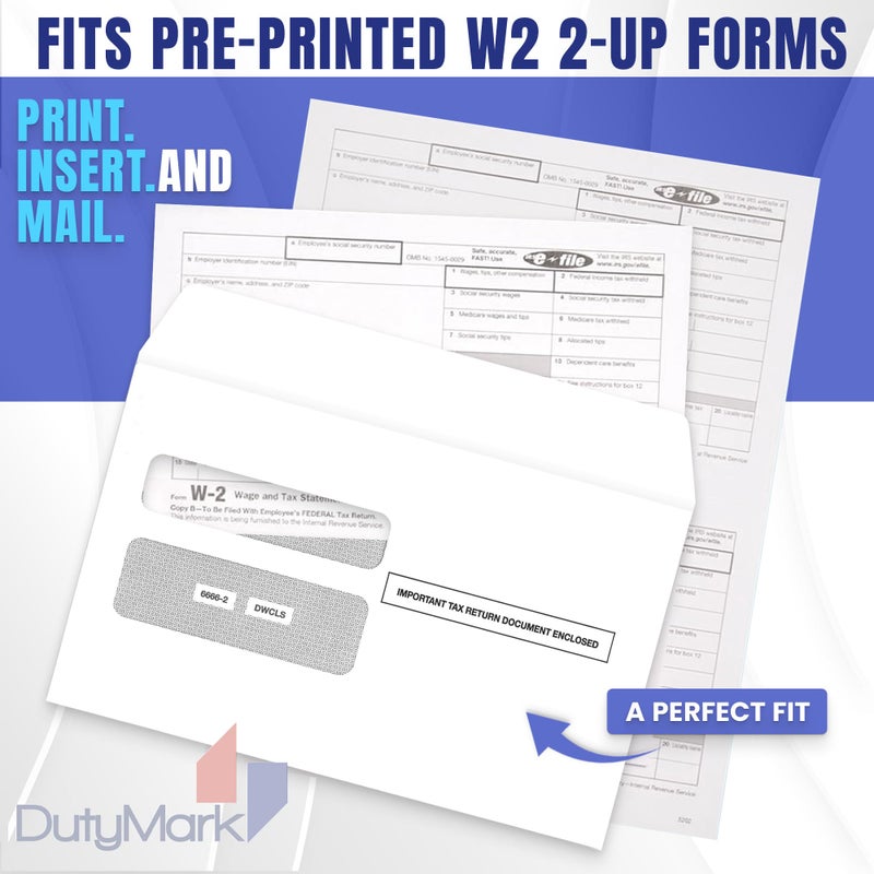 Dutymark 100 W2 Envelopes, Double Window Security Envelope for W2 2 Up Tax Forms, Designed for Printed W2 Laser Forms, Form QuickBooks Desktop and Other Tax Software, 5 5/8â€™â€™ x 9â€™â€™, 100 Envelopes Gum Seal - Image 2