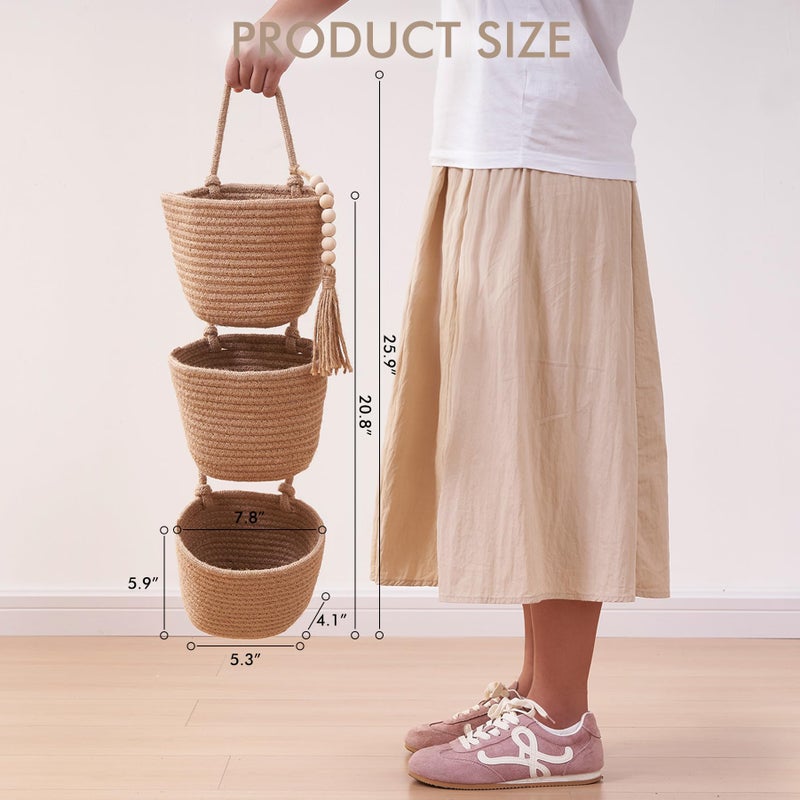 LIGHT DUST Fabric Wall Hanging Organizers - Small Woven Baskets Pouches Set Boho Style Wall Mounted Bag with Adhesive Hook, Storage Decoration Pocket Caddy for Closet Playroom RV Nursery (Linen & Black) - Image 3