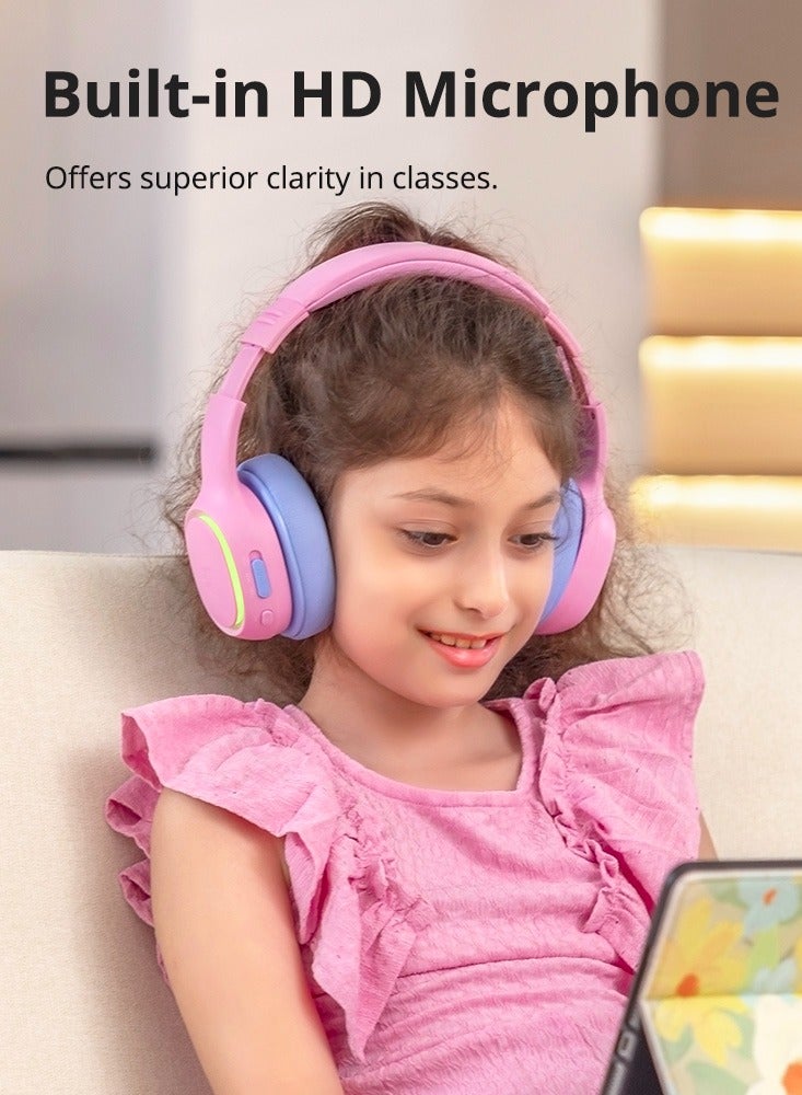 Tronsmart KH03 Kids Noise Cancelling Bluetooth Headphones, Safe Volume Control, Wireless Headphones with Light & Microphone, 70H Playtime, Built-in Audio Cable, for School/Travel/Airplane (Pink) - Image 4