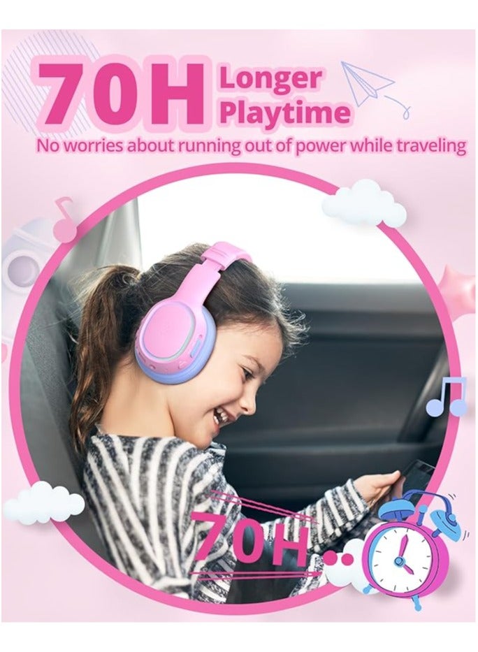 Tronsmart KH03 Kids Noise Cancelling Bluetooth Headphones, Safe Volume Control, Wireless Headphones with Light & Microphone, 70H Playtime, Built-in Audio Cable, for School/Travel/Airplane (Pink) - Image 3