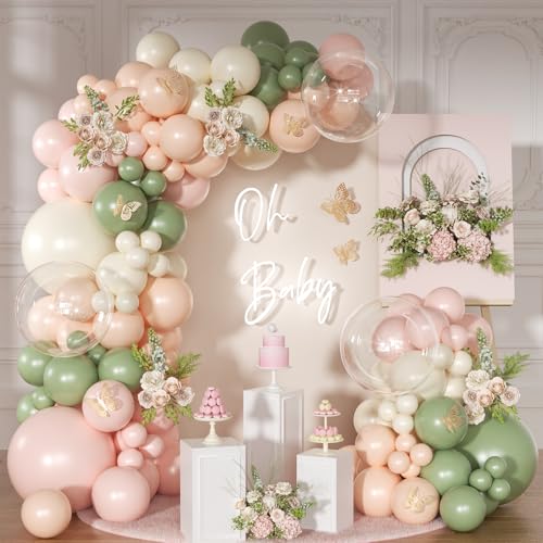 NUTTYBASH Pink and Sage Green Balloon Arch Kit 131 Pcs Dusty Pink Green Balloons Different Size for Wedding Birthday Baby Shower Gender Reveal Decorations - Image 1