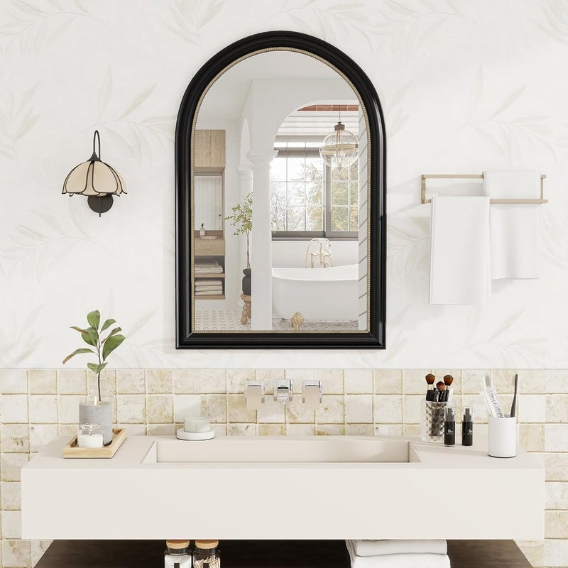 Axeman 22x30 Arched Wall Mirror, Decorative Bathroom Mirror, Traditional Vintage Wall Mounted Mirror with Beaded Frame for Accent Living Room Vanity Bedroom Entryway, Black - Image 2