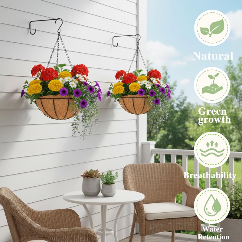 EIMQUVW Outdoor Metal Hanging Planters Basket (4pack, 14 inch) Hanging Baskets for Plants Chain Round Wire Plant Holder with Coco Fiber Liners for Garden, Patio, Deck, Porch - Image 2