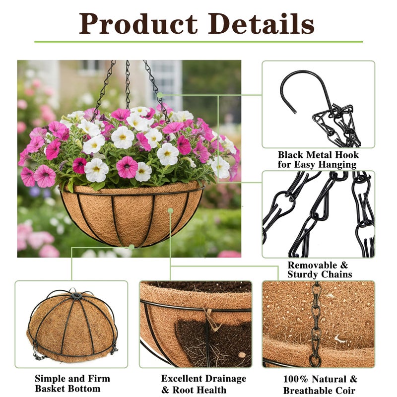 EIMQUVW Outdoor Metal Hanging Planters Basket (4pack, 14 inch) Hanging Baskets for Plants Chain Round Wire Plant Holder with Coco Fiber Liners for Garden, Patio, Deck, Porch - Image 5